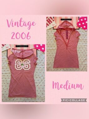 VS PINK VINTAGE Y2K SHORT SLEEVE HOODIE HENLEY TEE SHIRT 86 LIFEGUARD DOG RARE M